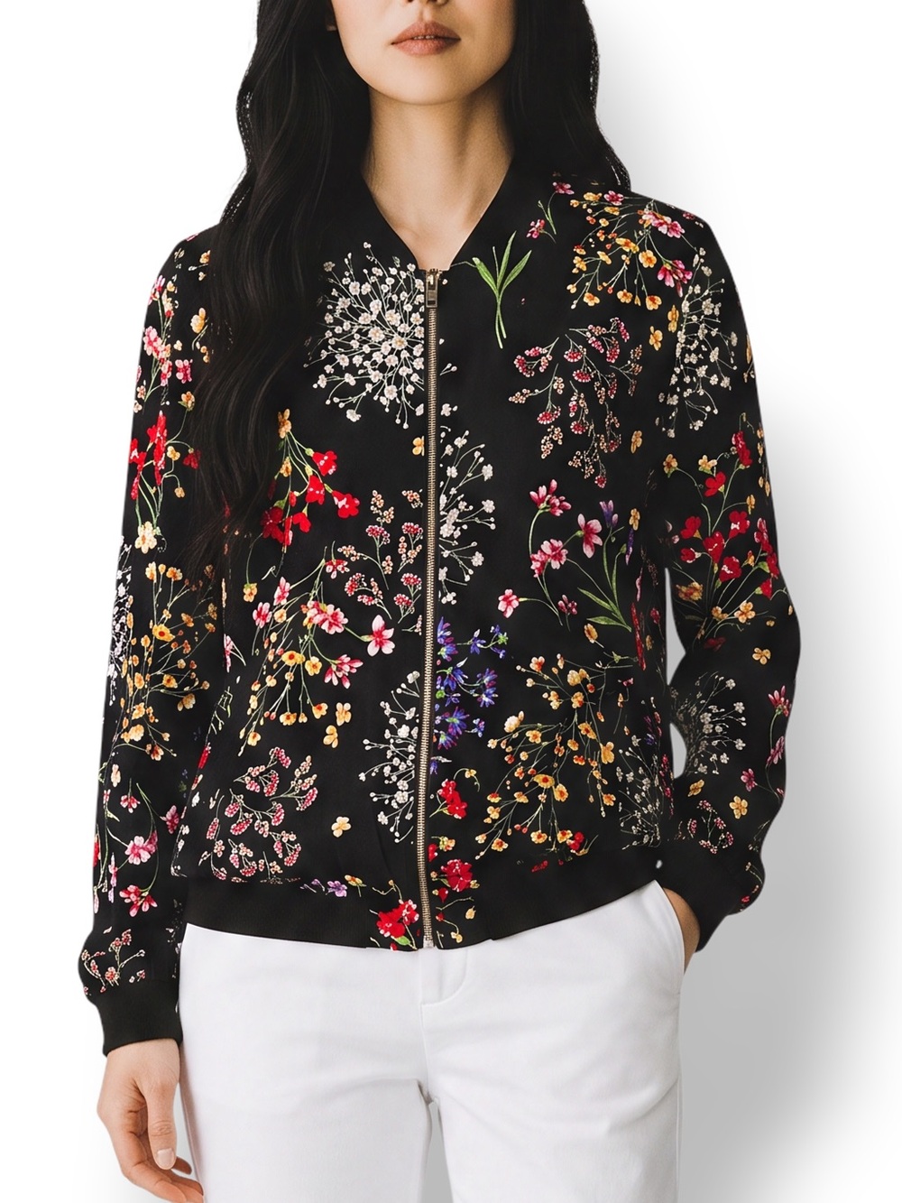 4/$20 Cynthia Rowley Black Floral Bomber Jacket Zip Front 100% Rayon Medium